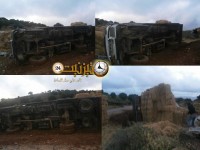 انقلاب شاحنة وسيارة خفيفة في الطريق الرابط بين انقلاب شاحنة وسيارة خفيفة في الطريق الرابط بين